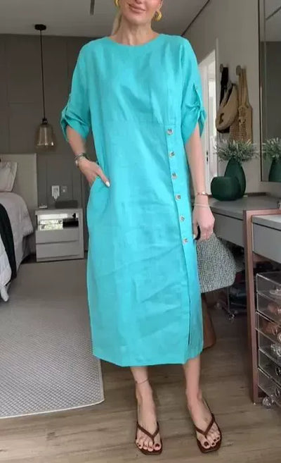 Women’s Midi Dress – Relaxed Fit – Cotton Linen – Side Buttons – Short Sleeve