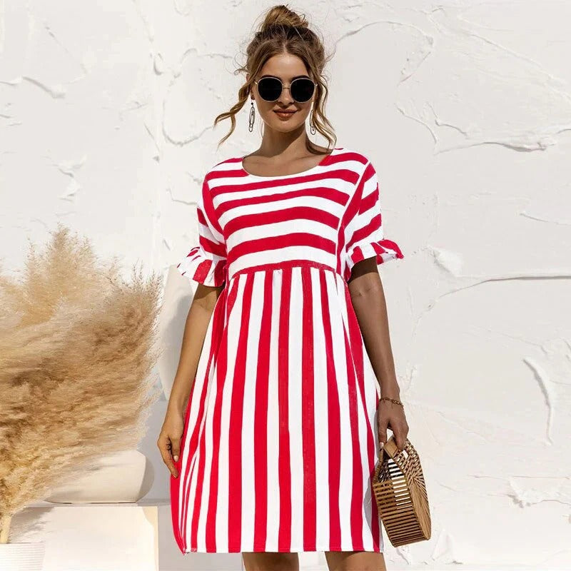 Women’s Knee-Length Dress – Relaxed Fit – Ruffle Sleeve – A-Line – Breathable Blend