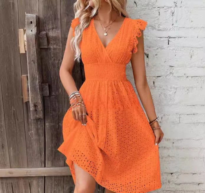 Women’s Midi Dress – A-Line Fit – Broderie Anglaise – Ruffled Sleeves – Fitted Waist