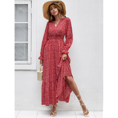 Women’s Midi Dress – V-Neck – Long Sleeve – Flared Fit – Cotton – Polka Dot