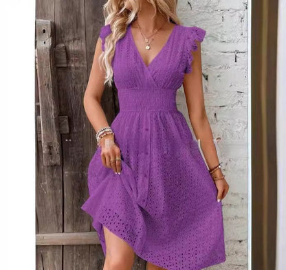Women’s Midi Dress – A-Line Fit – Broderie Anglaise – Ruffled Sleeves – Fitted Waist