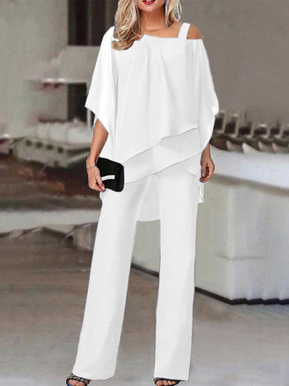 Women’s Two Piece Set – Off Shoulder Top with Asymmetrical Hem – Breathable Blend Pants