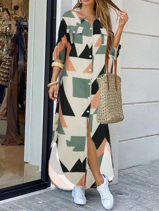 Women’s Maxi Dress – Relaxed Fit – Cotton Feel – Geometric Print – Button Front – Chest Pockets
