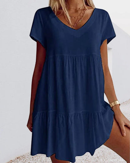 Women’s A-Line Dress – Relaxed Fit – V-Neck – Tiered Skirt – Breathable Blend – Short Sleeve