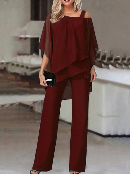 Women’s Two Piece Set – Off Shoulder Top with Asymmetrical Hem – Breathable Blend Pants