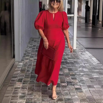 Women’s Midi Dress – Loose Fit A-Line – Cotton – Puff Sleeve – Round Neck Keyhole