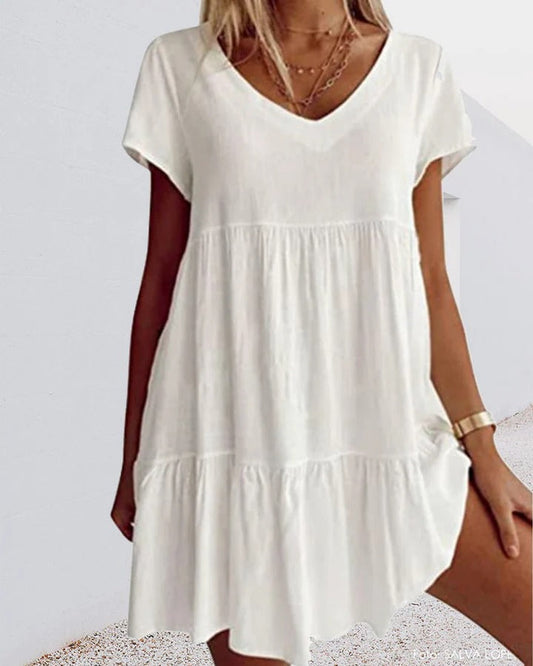Women’s A-Line Dress – Relaxed Fit – V-Neck – Tiered Skirt – Breathable Blend – Short Sleeve