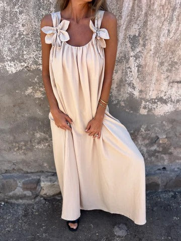 Women’s Maxi Dress – Relaxed Fit – Flowing Silhouette – Floral Shoulder Detail – Soft Fabric