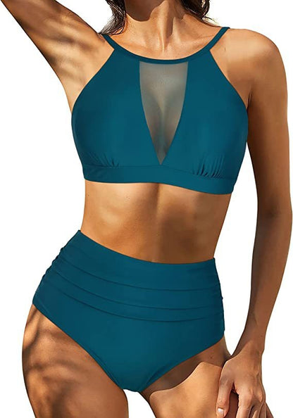 Women’s Bikini Set – High Waist – Lace-Up Top – Hollow Out – Ruched – Breathable Blend