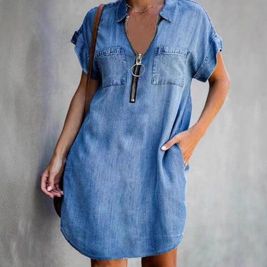 Women’s Denim Mini Dress – Relaxed Fit – Zipper Front – Short Sleeve – Utility Pockets