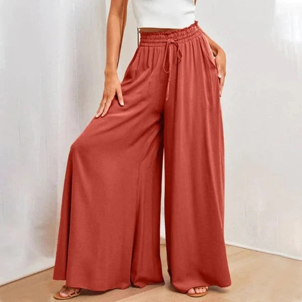 Women’s Wide Leg Trousers – High Waist – Cotton Feel – Drawstring – Full Length