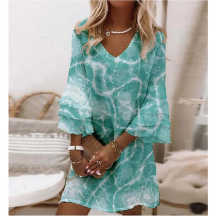 Women’s Mini Dress – Relaxed Fit – V-Neck – Flared Three-Quarter Sleeve – Breathable Blend