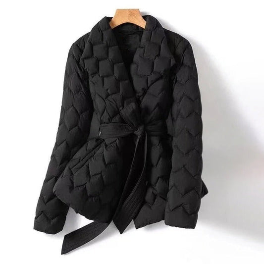Women’s Quilted Jacket – Fitted Waist – Belted – Hip Length – Structured Collar