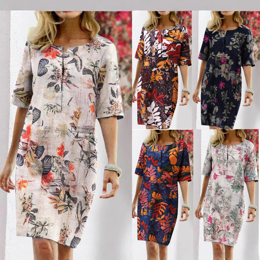 Women’s Shift Dress – Tropical Floral Print – Relaxed Fit – Cotton Blend – Knee Length