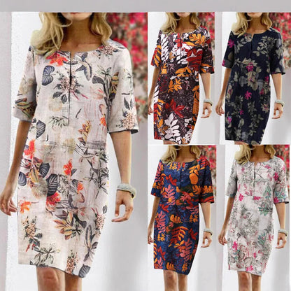 Women’s Shift Dress – Tropical Floral Print – Relaxed Fit – Cotton Blend – Knee Length