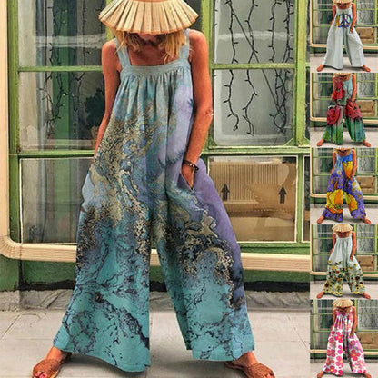 Women’s Wide-Leg Overall – Sleeveless Relaxed Fit – Artistic Print – Soft Drape Fabric