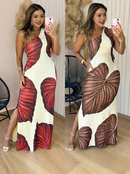 Women’s Maxi Dress – Slim Fit – Cotton Blend – Sleeveless – Leaf Print – Side Slit