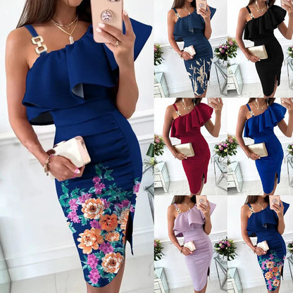 Women’s Midi Dress – Satin Look – Slim Fit – Ruffle Bust – Embellished Straps – Side Slit