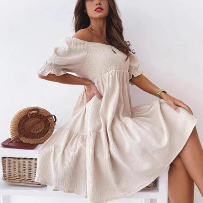 Women’s Off-Shoulder Dress – Relaxed Fit – Breathable Blend – Ruffle Detail – Knee Length