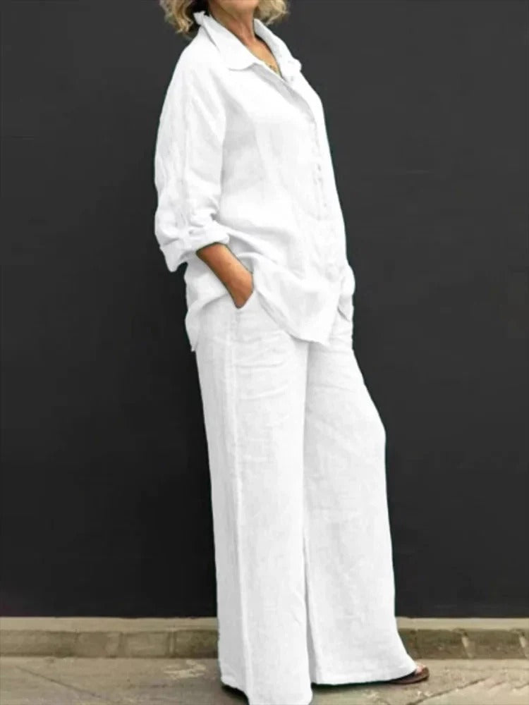 Women’s Linen Set – Relaxed Fit Button-Up Top – Wide-Leg Trousers – Casual Style