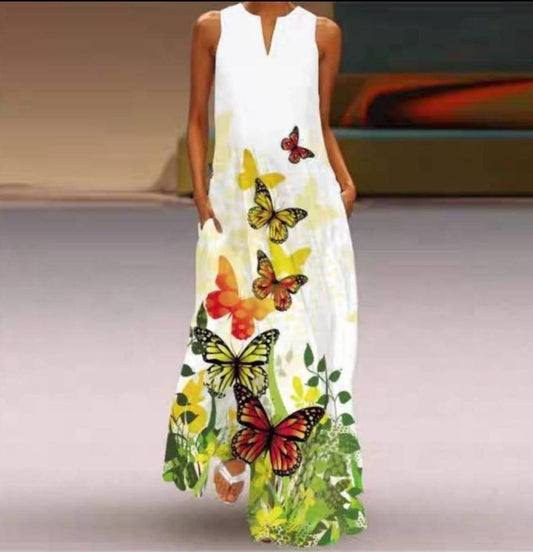 Women’s Maxi Dress – Relaxed Fit – Cotton – V-Neck – Butterfly Floral Print – Pockets
