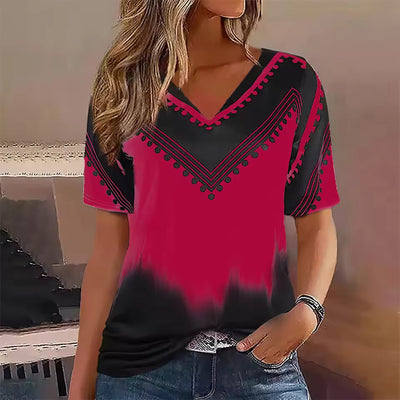 Women’s Oversized T-Shirt – V-Neck – Soft Cotton Blend – Stripe Geometric Print