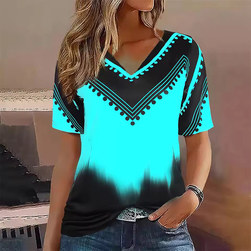 Women’s Oversized T-Shirt – V-Neck – Soft Cotton Blend – Stripe Geometric Print
