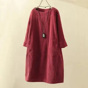 Women’s Corduroy Dress – Relaxed Fit – Midi Length – Round Neck – 3/4 Sleeve