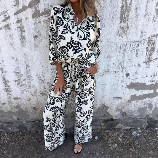 Women’s Two-Piece Set – Relaxed Fit – Floral Pattern – Cotton Blend – Button Blouse & Wide-Leg Trousers