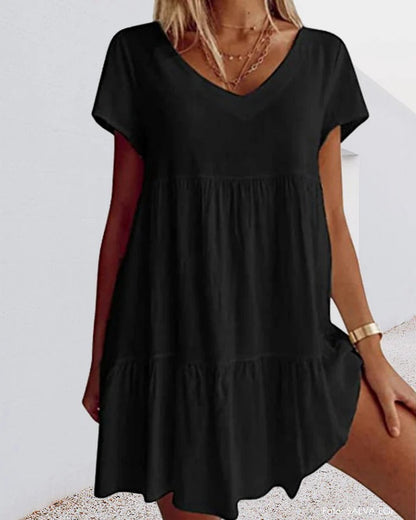 Women’s A-Line Dress – Relaxed Fit – V-Neck – Tiered Skirt – Breathable Blend – Short Sleeve