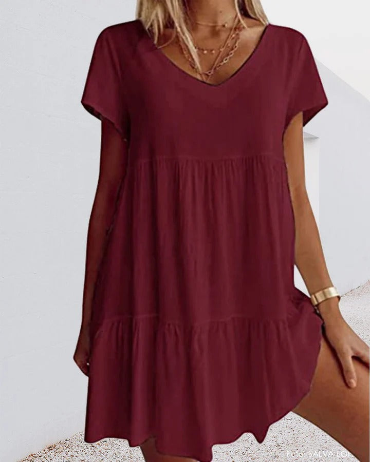 Women’s A-Line Dress – Relaxed Fit – V-Neck – Tiered Skirt – Breathable Blend – Short Sleeve