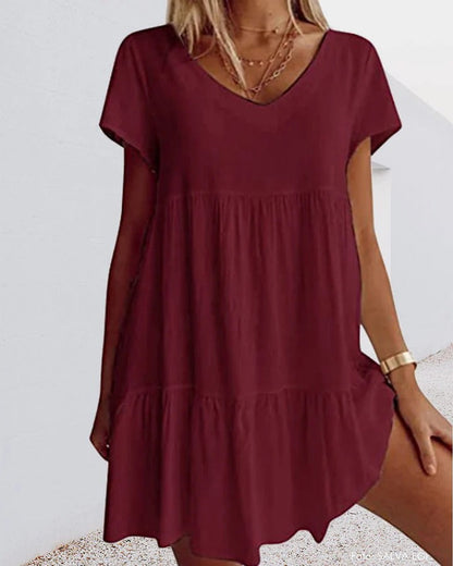 Women’s A-Line Dress – Relaxed Fit – V-Neck – Tiered Skirt – Breathable Blend – Short Sleeve