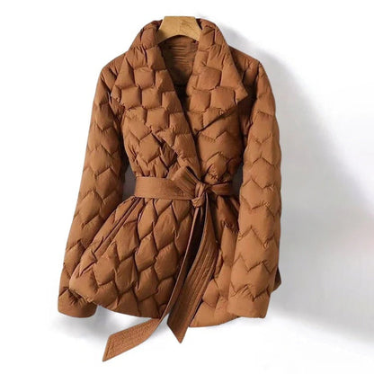 Women’s Quilted Jacket – Fitted Waist – Belted – Hip Length – Structured Collar