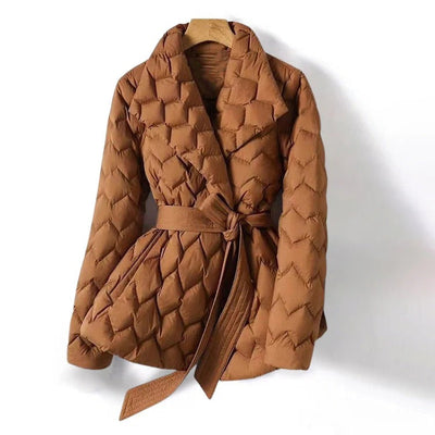 Women’s Quilted Jacket – Fitted Waist – Belted – Hip Length – Structured Collar