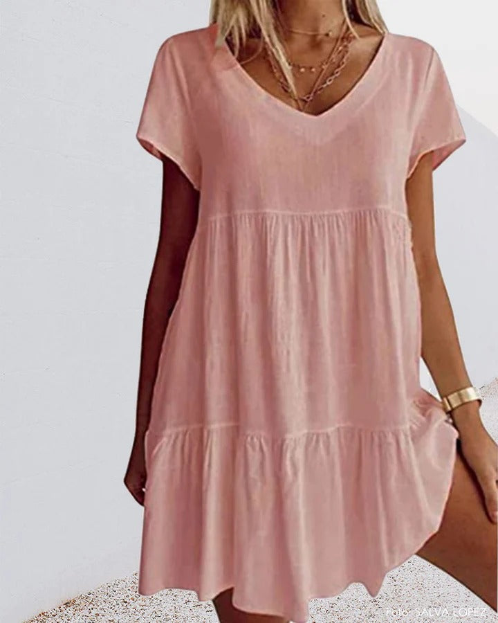 Women’s A-Line Dress – Relaxed Fit – V-Neck – Tiered Skirt – Breathable Blend – Short Sleeve
