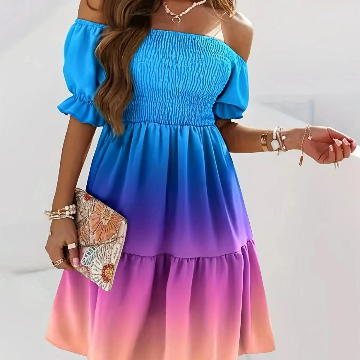 Women’s Midi Dress – One-Shoulder Smocked Bodice – Printed A-Line – Puffed Sleeves