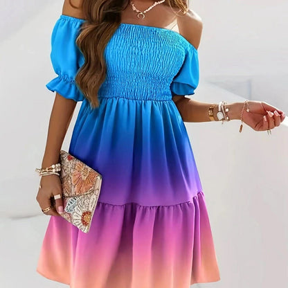 Women’s Midi Dress – One-Shoulder Smocked Bodice – Printed A-Line – Puffed Sleeves