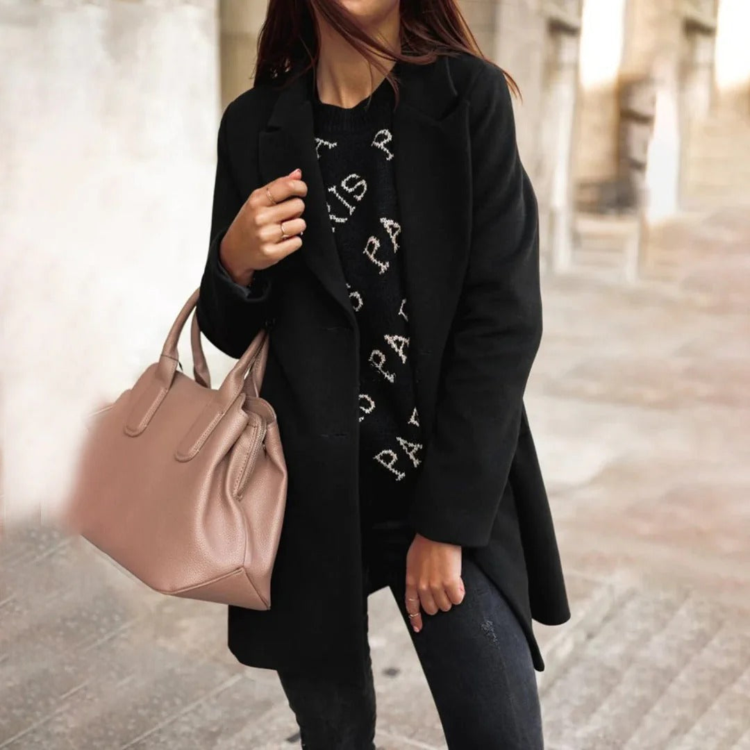 Women’s Mid-Length Coat – Wool Feel – Classic Fit – Double-Breasted Tailored Style