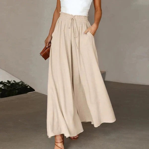 Women’s Wide Leg Trousers – High Waist – Cotton Feel – Drawstring – Full Length