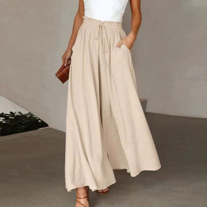 Women’s Wide Leg Trousers – High Waist – Cotton Feel – Drawstring – Full Length