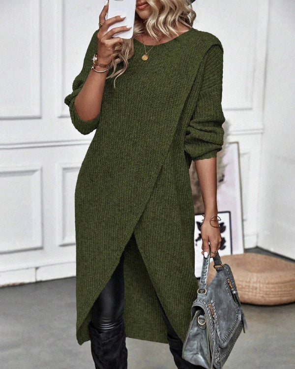 Women’s Pullover – Oversized Fit – Wool Knit – Asymmetrical Wrap – Long Sleeve