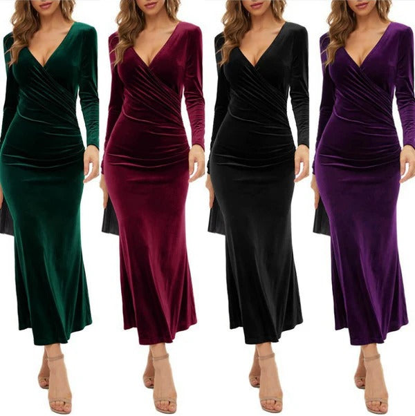 Women’s Maxi Dress – Bodycon Fit – V-Neck – Ruched Torso – Long Sleeve Elegant Style