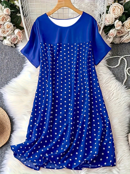 Women’s A-line Dress – Polka Dot – Lightweight Breathable Fabric – Knee Length – Short Sleeve