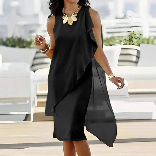 Women’s Evening Dress – Flowing Fit – Sleeveless – Asymmetrical Hem – Midi Length