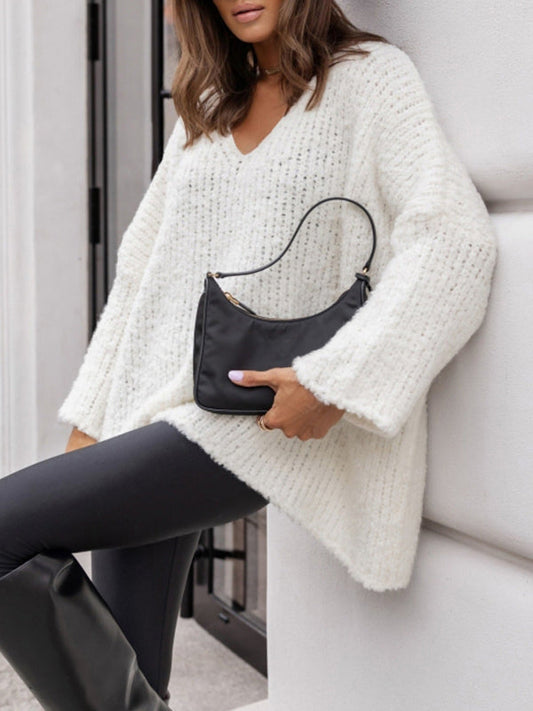 Women’s Pullover Sweater – Loose Fit – Ribbed Knit – V-Neck Wool Blend – Casual Wear