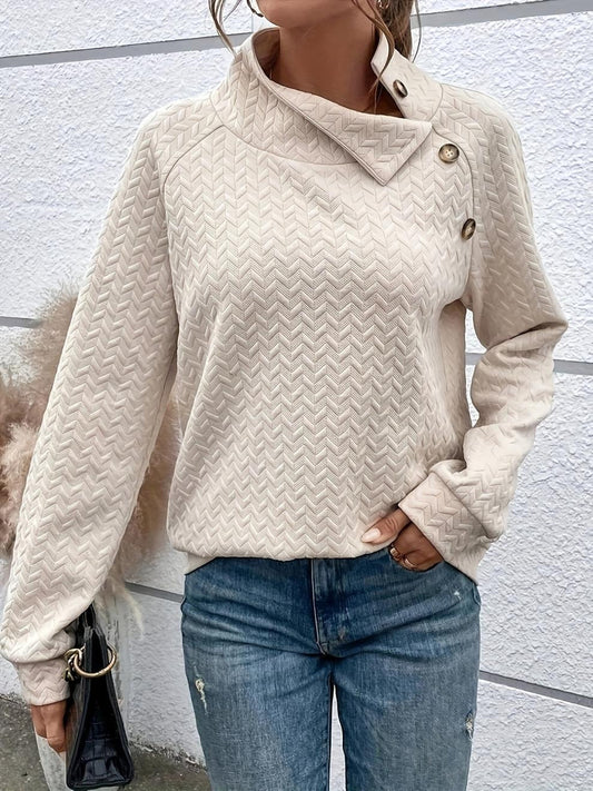 Women’s Sweatshirt – Relaxed Fit – Chevron Knit Texture – High Neck – Button Detail