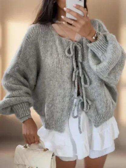 Women’s Cardigan – Wool Knit – Oversized Fit – Balloon Sleeves – Tie Front Boho Style