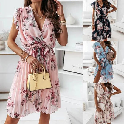 Women’s Wrap Dress – Flowy Fit – V-Neck – Ruffled Sleeves – Floral Print – Midi Length