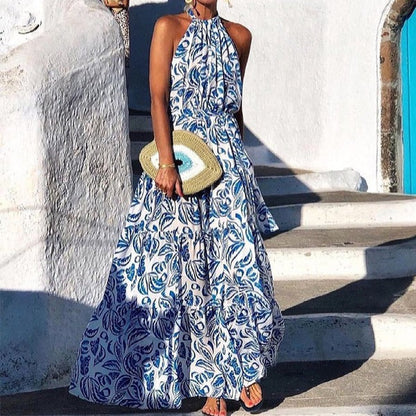 Women’s Maxi Dress – Flowy Fit – Halter Neck – Tiered Skirt – Floral Print