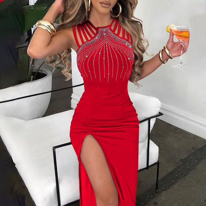 Women’s Maxi Dress – Strappy Bodice – Sparkling Detail – High Slit